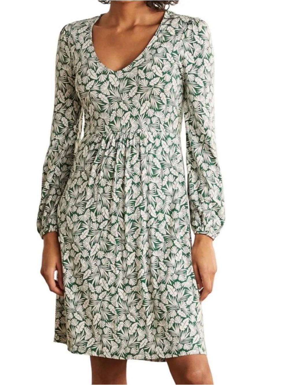 Boden Green and White Leaf-Print Midi Dress